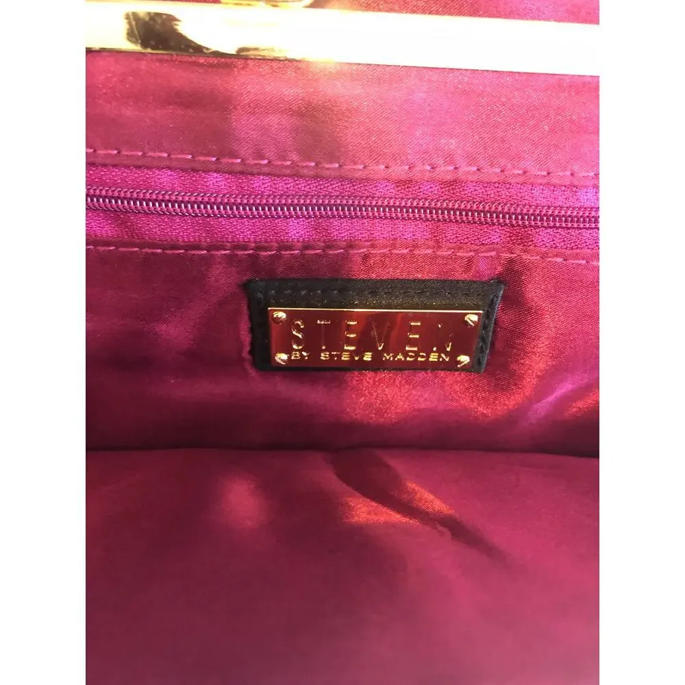 Black Satin Clutch Evening Bag Steven Kiss Lock Pink Lined Gold Avant Garde Vtg
